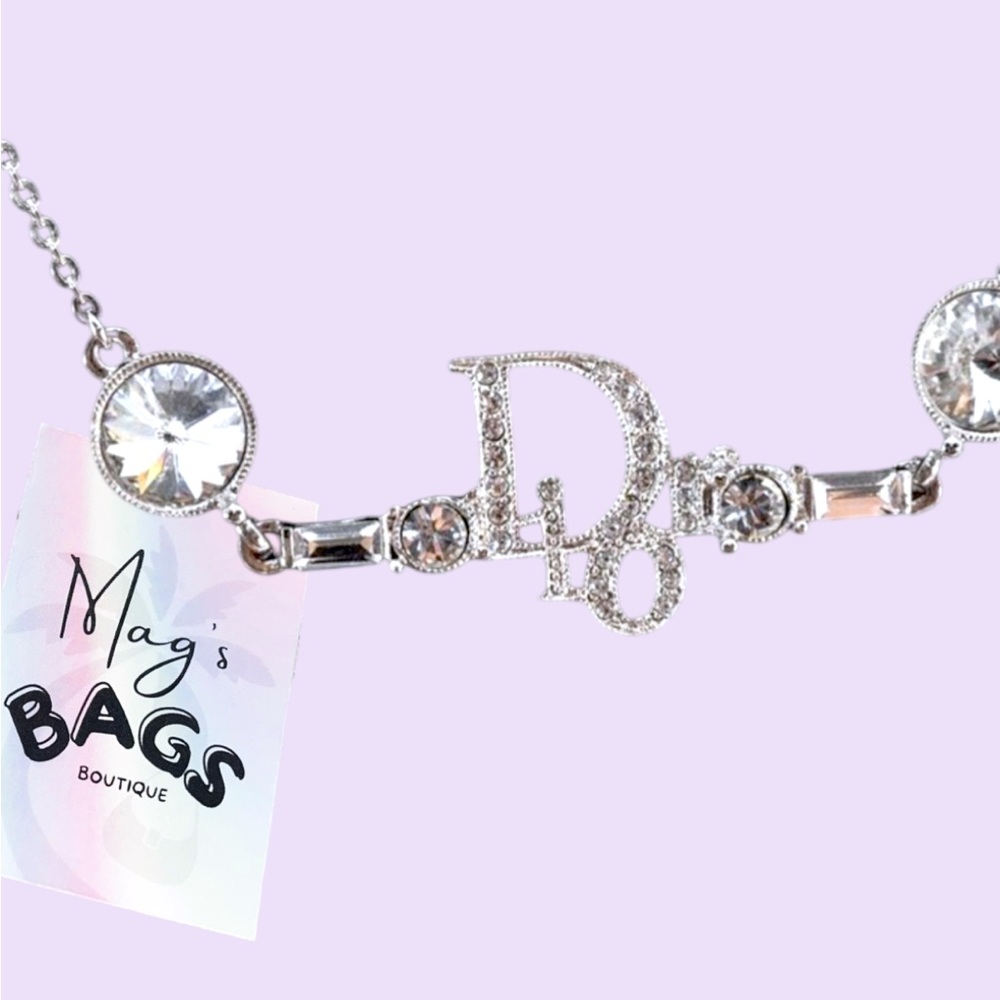 Dior: Crystal Logo Bar Rhinestone Silver Necklace - Picture 6 of 16